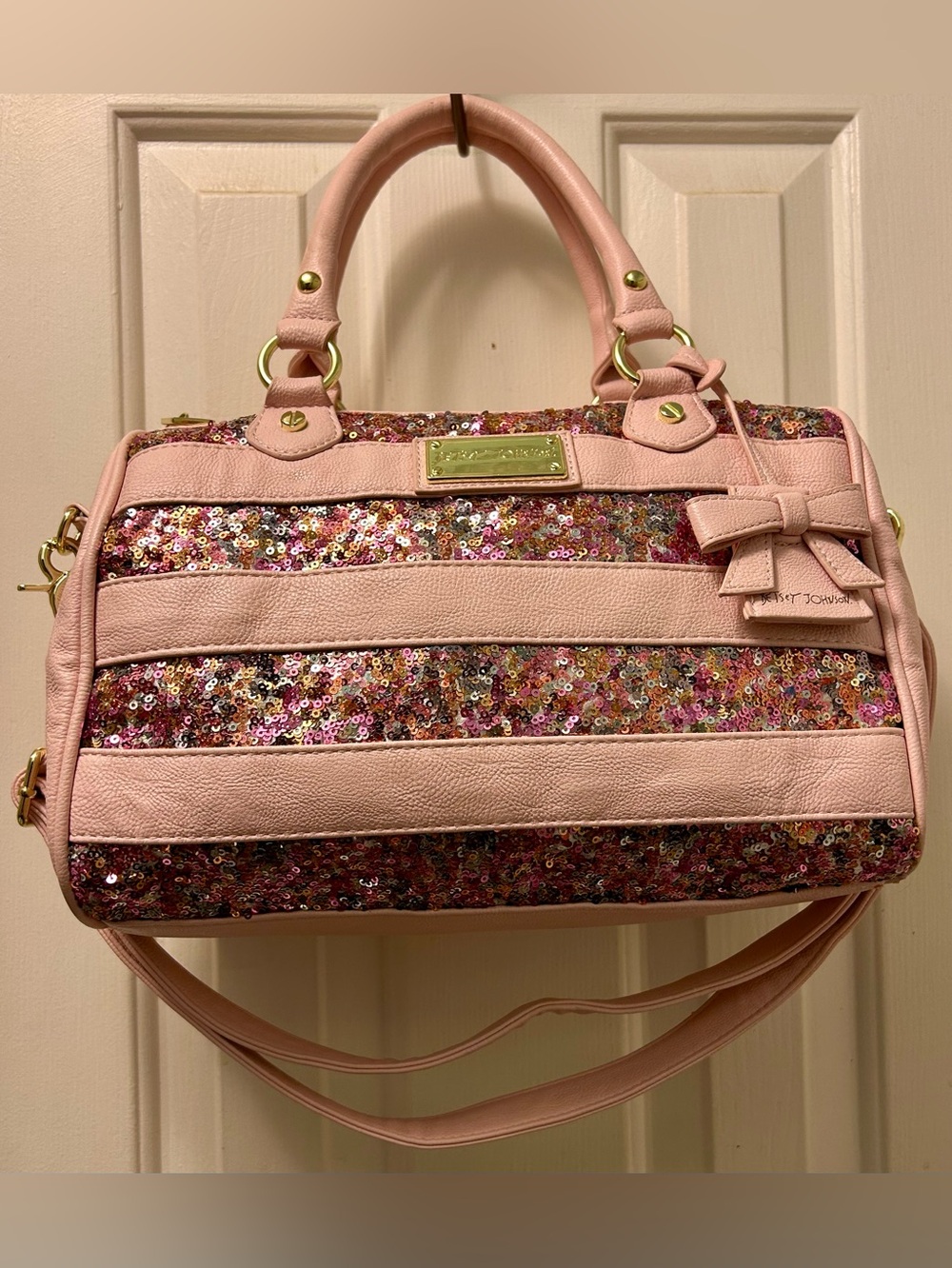 RARE! 2011 Betsey Johnson Blush Pink Sequin Stripe Satchel with Matching Wallet